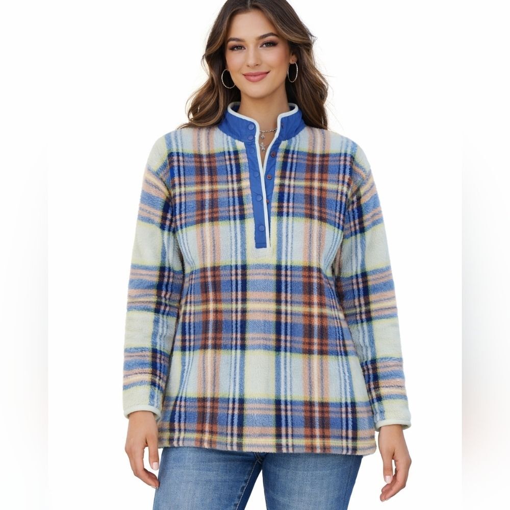 American Eagle Outfitters Pastel Plaid Quarter Snap Up Nubby Fleece Pullover, M